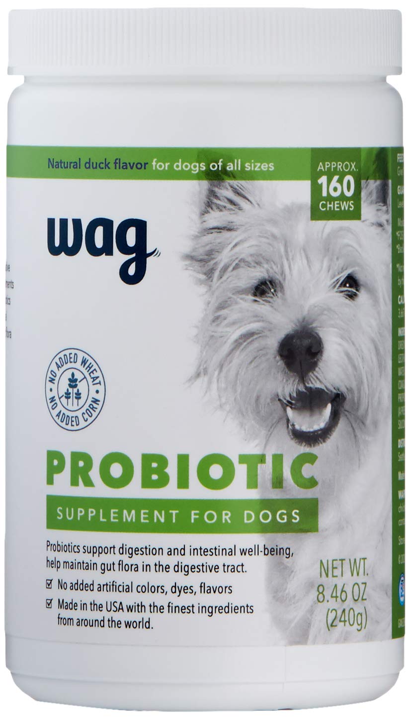 WAG probiotic dog chews bottle shows 160-count pack for daily digestive support.