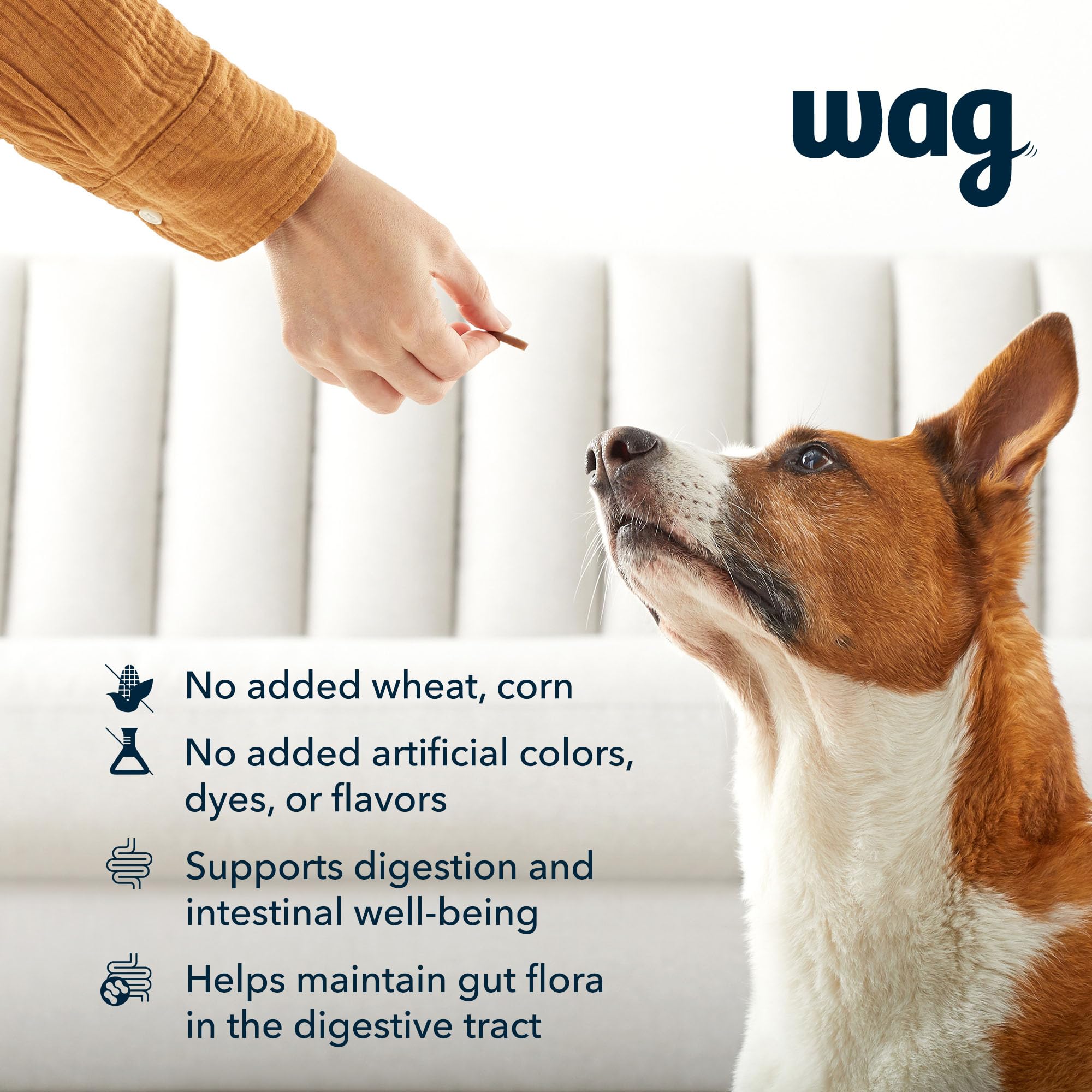 WAG probiotic dog chews daily-dose guidance shown with weight-based serving.
