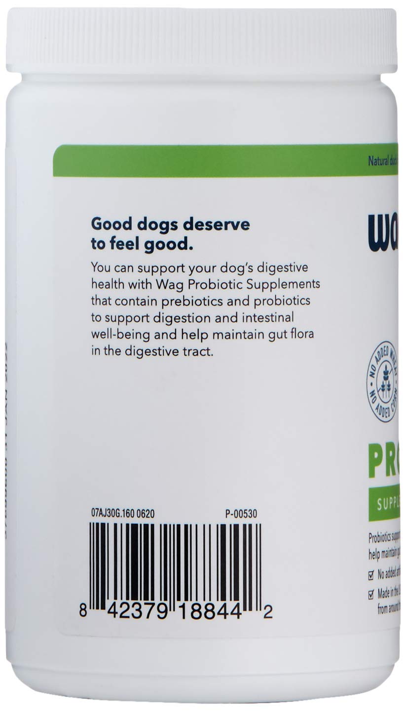 WAG probiotic dog chews natural duck flavor for tasty gut health.
