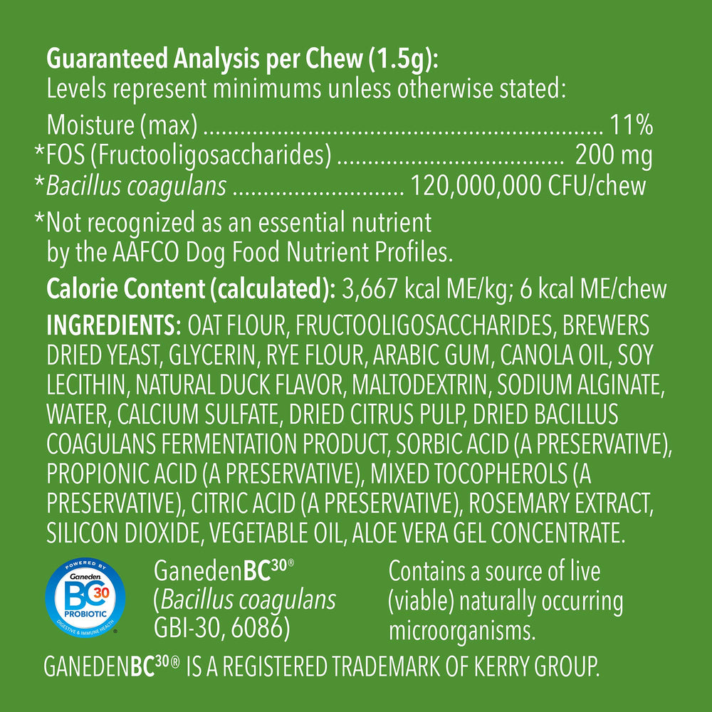 WAG Probiotic Dog Chews ingredients closeup with prebiotics and probiotics for gut support