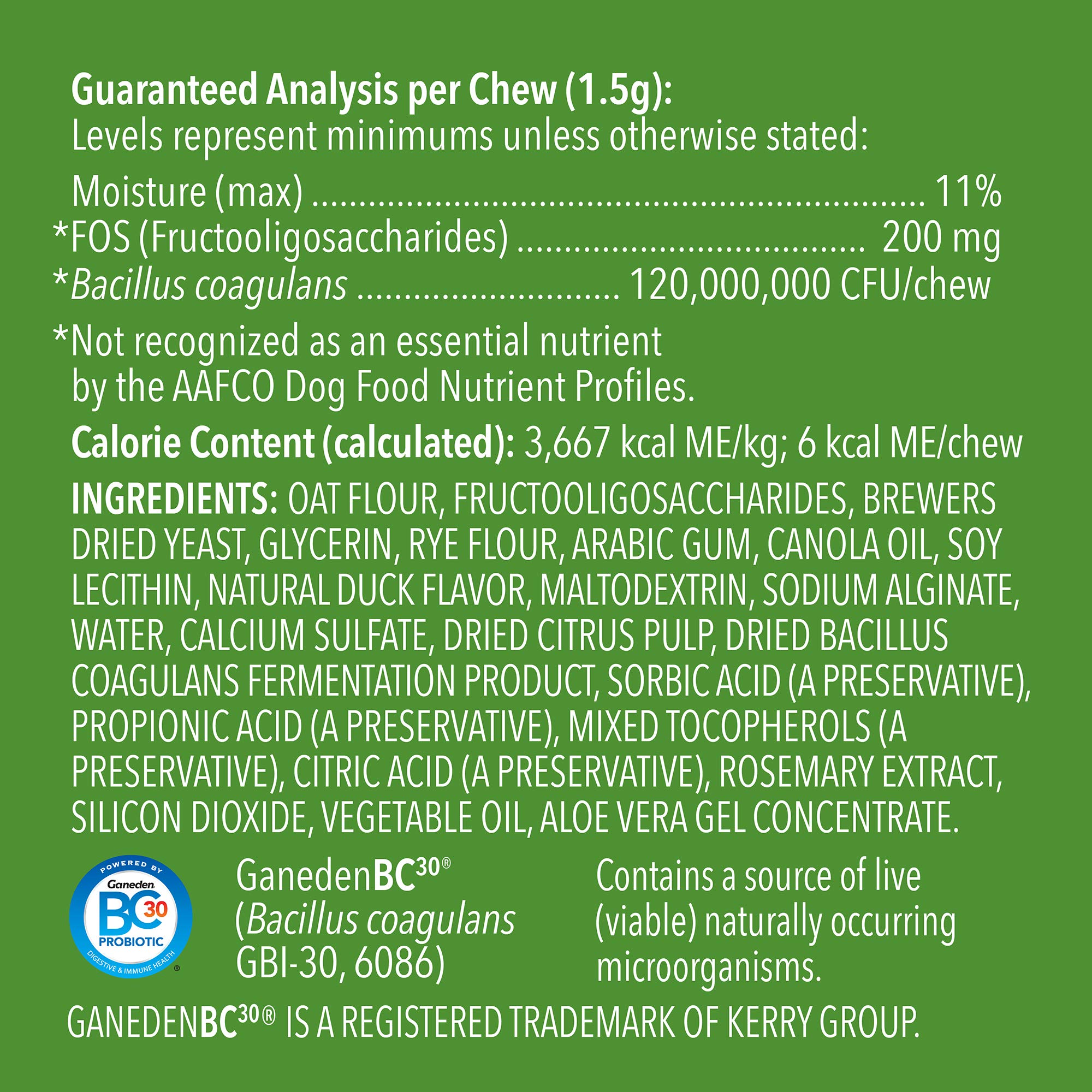 WAG probiotic dog chews prebiotics and probiotics support gut flora balance.