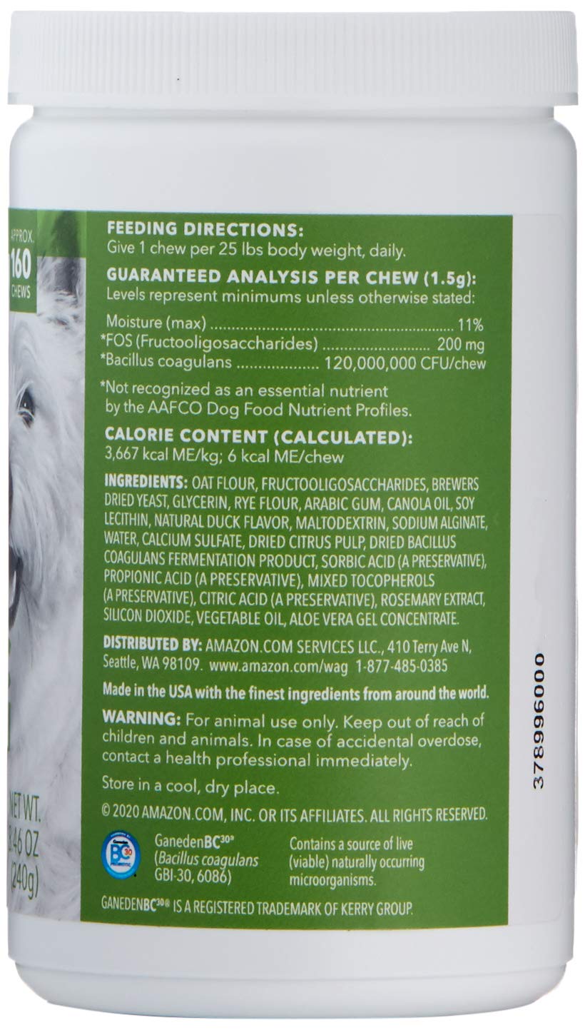 WAG probiotic dog chews USA-made ingredients label highlights quality sourcing.