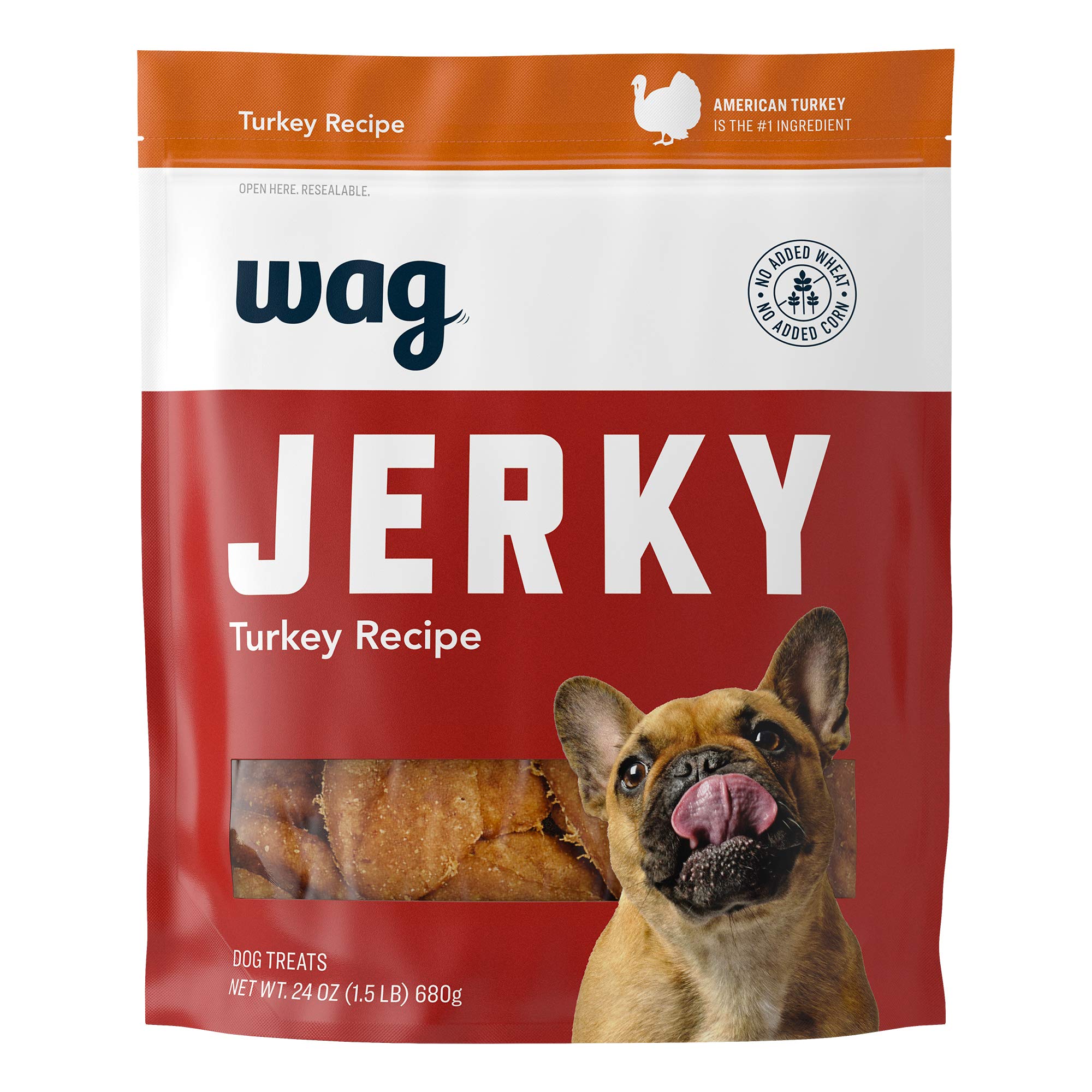 WAG Soft & Tender Turkey Jerky dog treat bag with resealable packaging for freshness.
