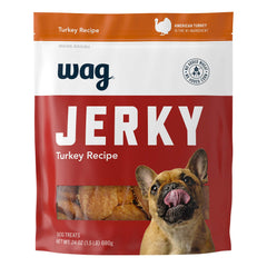 WAG Soft & Tender Turkey Jerky dog treat bag with resealable packaging for freshness.