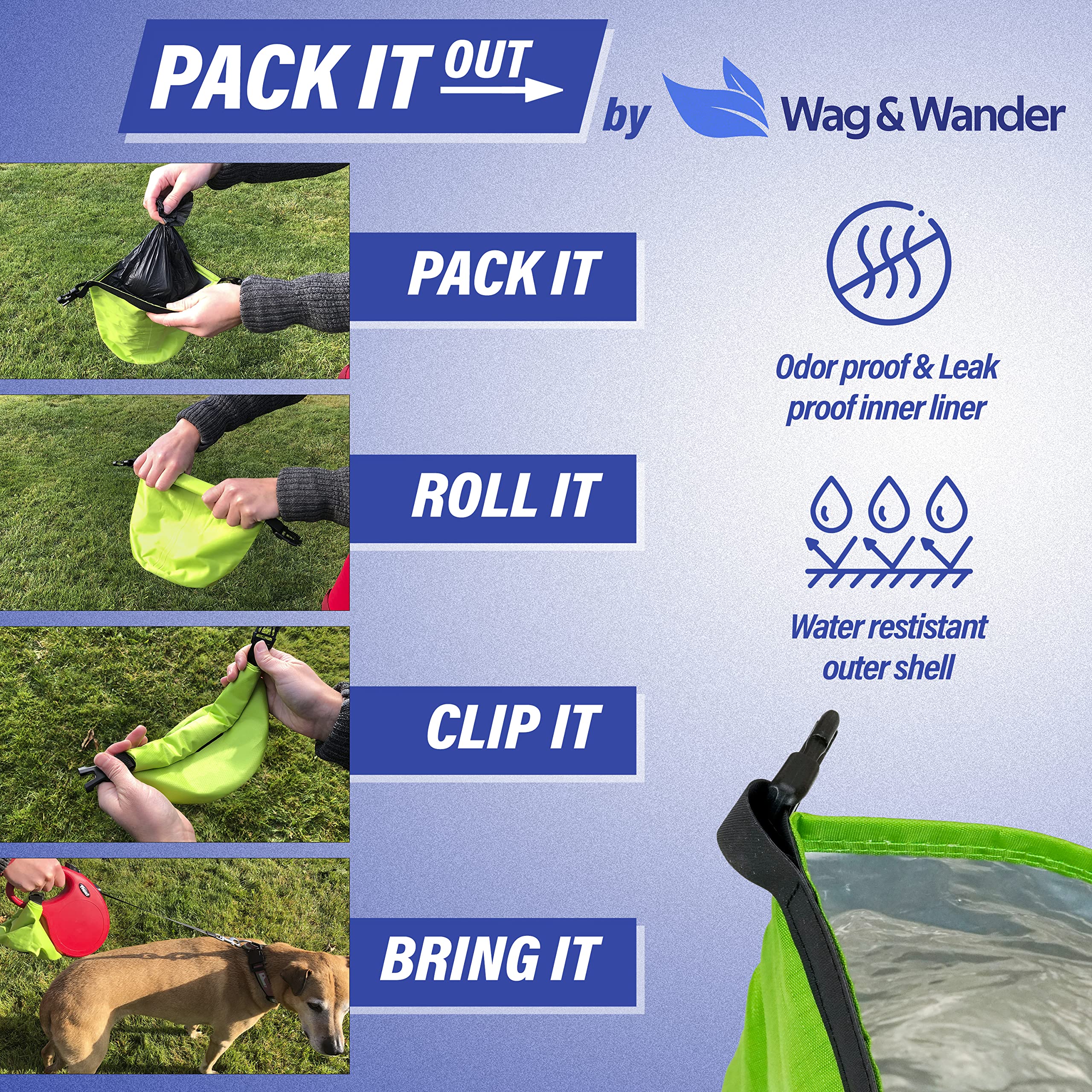 Wag & Wander bag on a hiking trail for waste storage