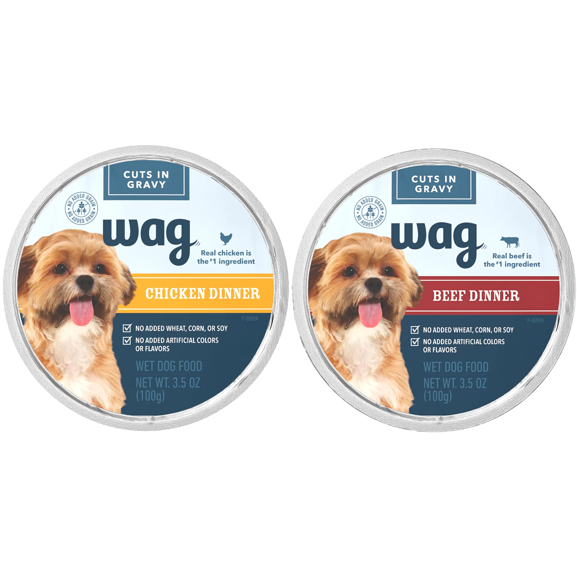 WAG Wet Dog Food Cups with beef in gravy, real meat as the #1 ingredient.