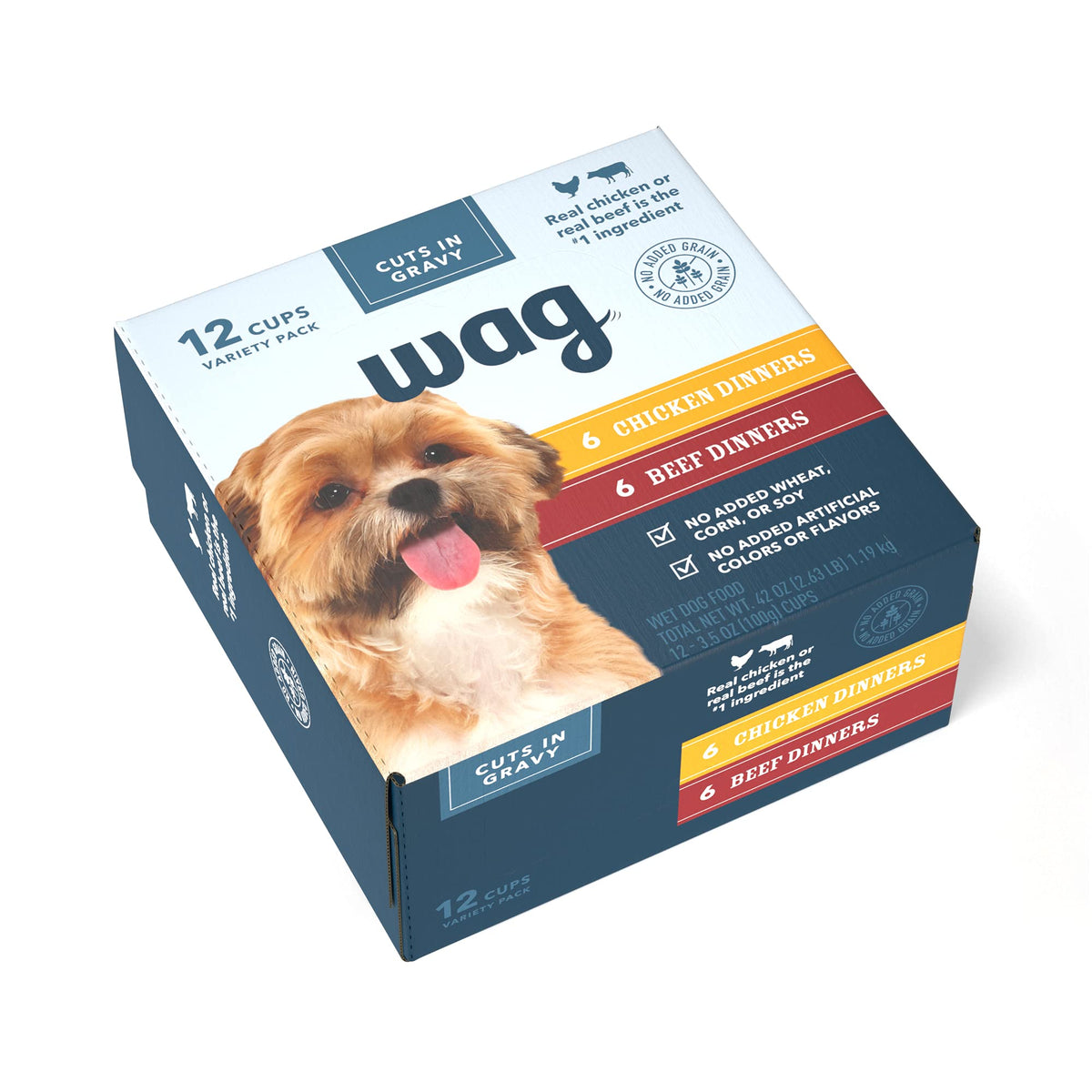WAG Wet Dog Food Cups with chicken in gravy, convenient single-serving meals.