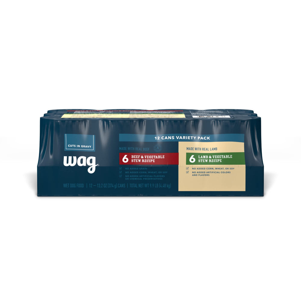 WAG wet dog food stew with real meat chunks in gravy, ideal for tasty meals.
