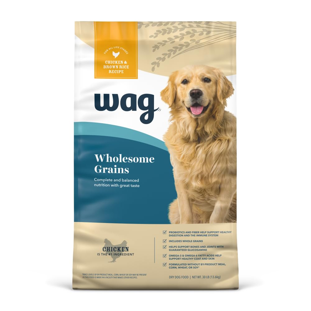 WAG Wag Wholesome Grains dry dog food bag front shows real chicken first ingredient