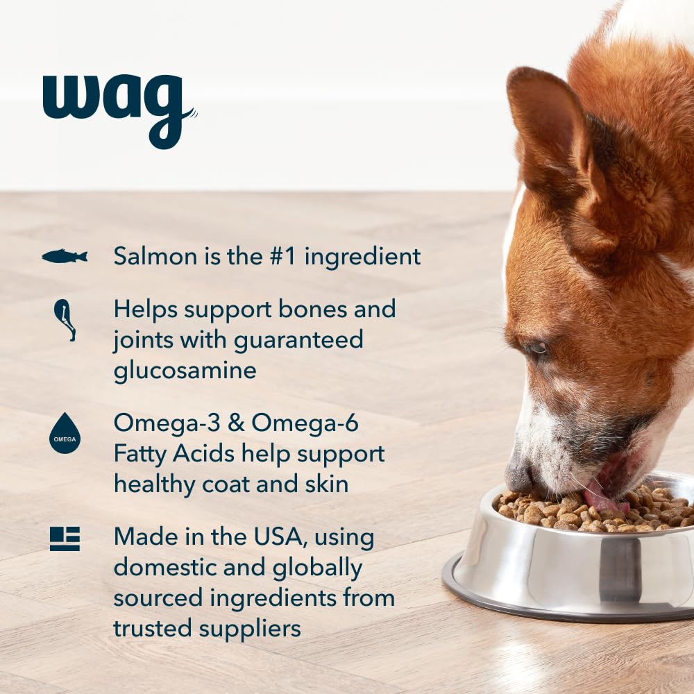 WAG Wholesome Grains ingredients list showing primary protein as salmon