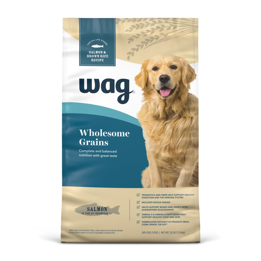 WAG Wholesome Grains salmon and brown rice bag featuring real meat first nutrition