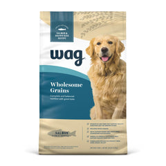 WAG Wholesome Grains salmon and brown rice bag featuring real meat first nutrition