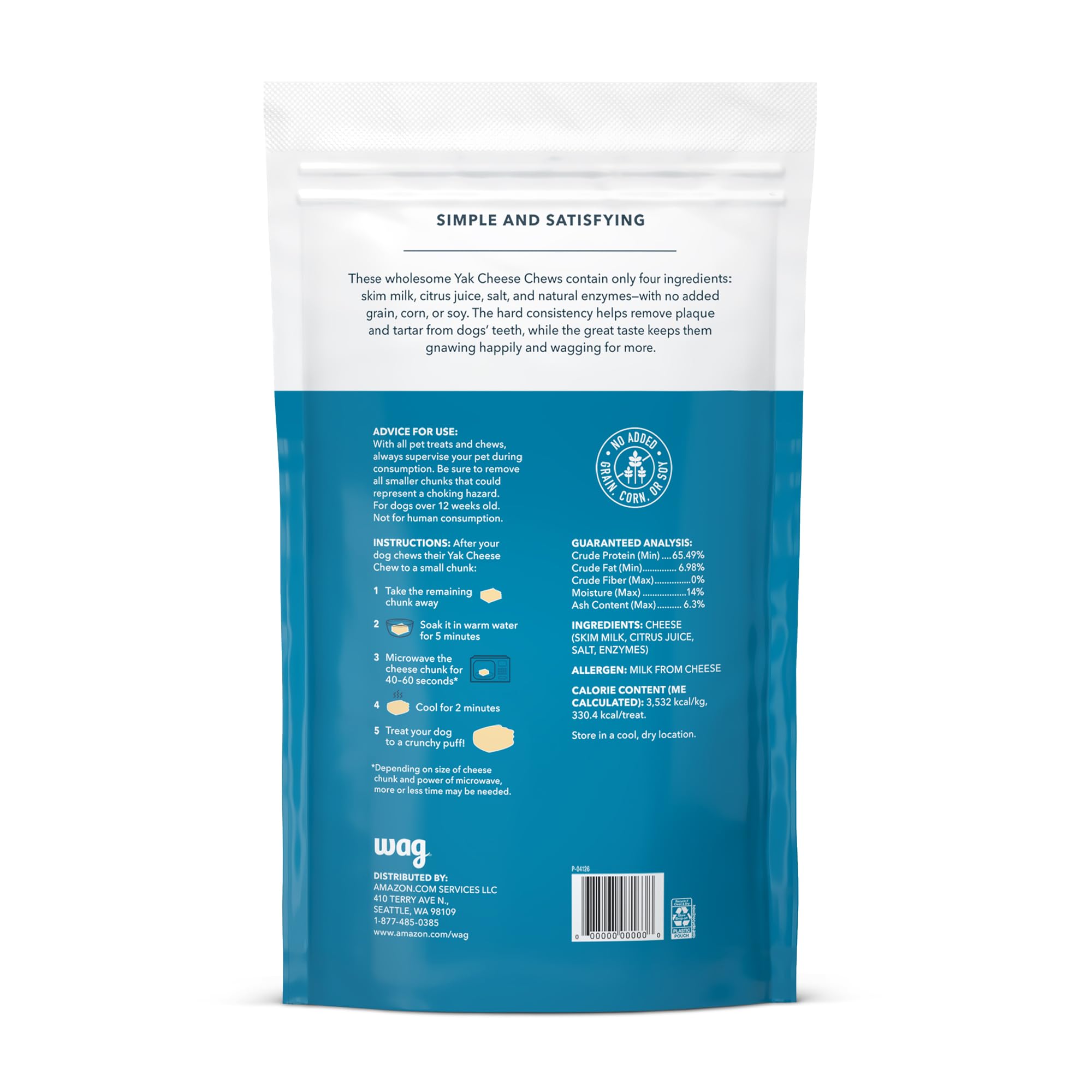 WAG Yak Cheese dog chew ingredients lineup highlights simple, lactose-free formula.