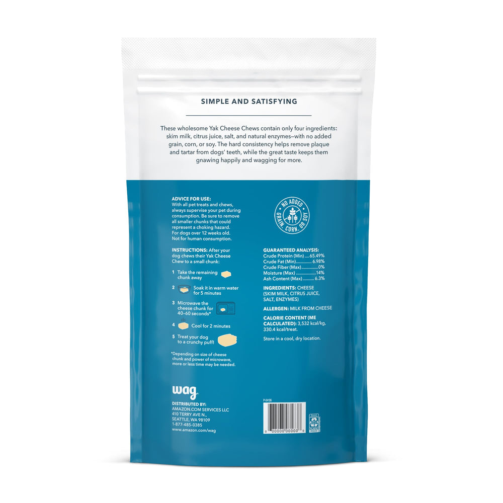 WAG Yak Cheese dog chew ingredients lineup highlights simple, lactose-free formula.
