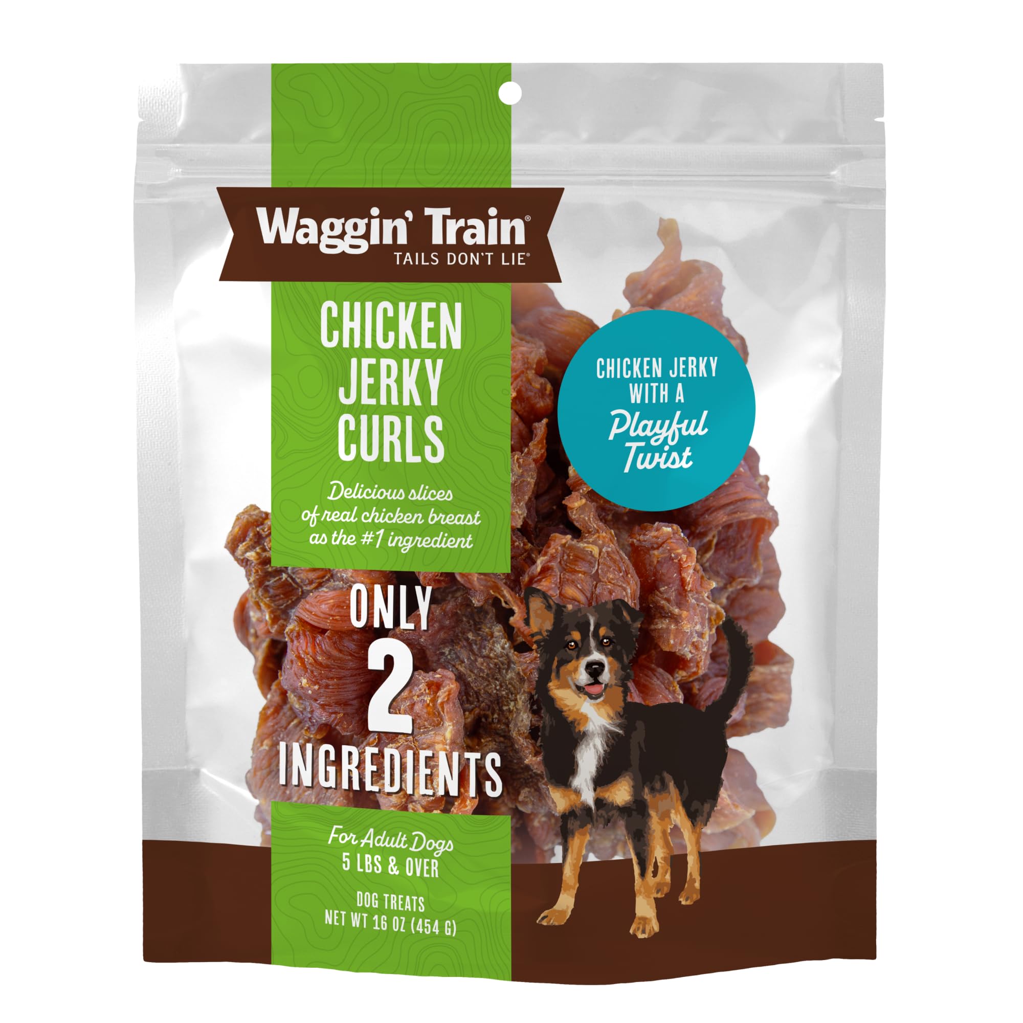 Waggin' Train chicken jerky curls in a bag highlight a protein-packed dog treat