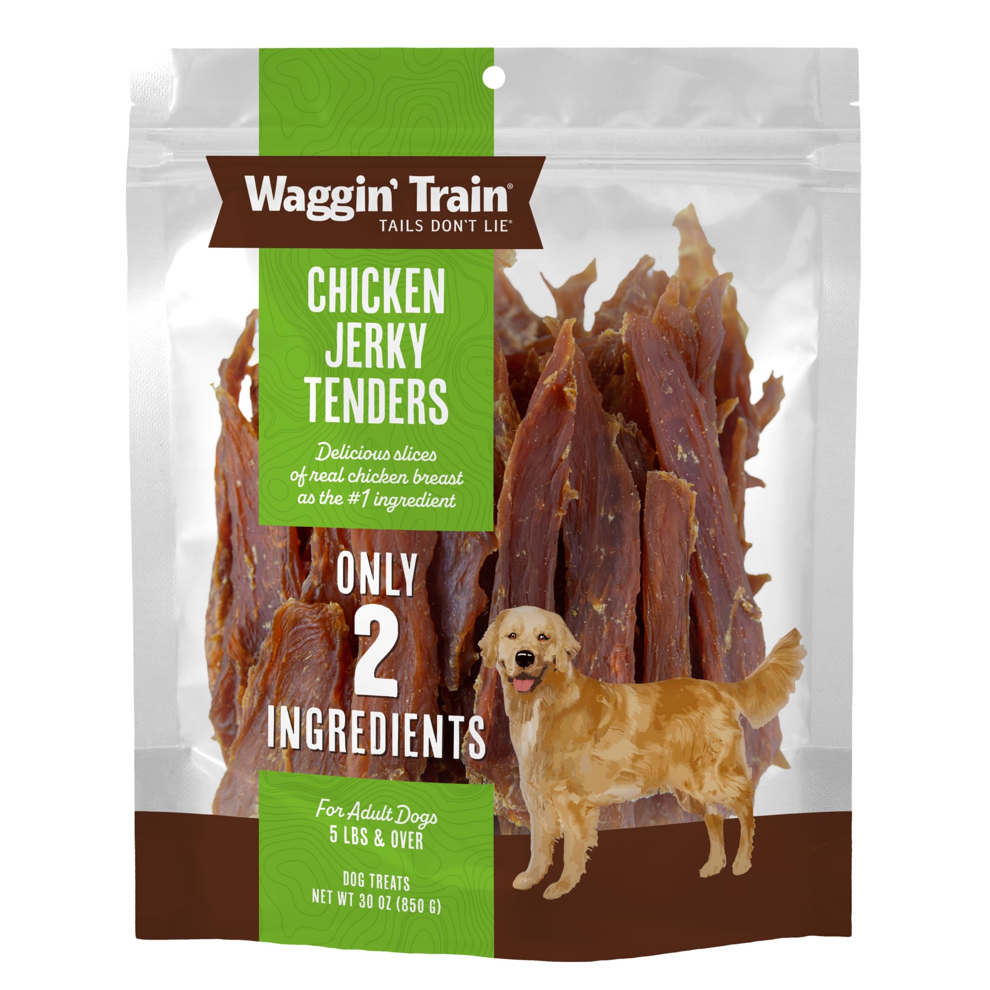 Waggin' Train chicken jerky packaging with 30 oz pouch, ideal for training rewards.