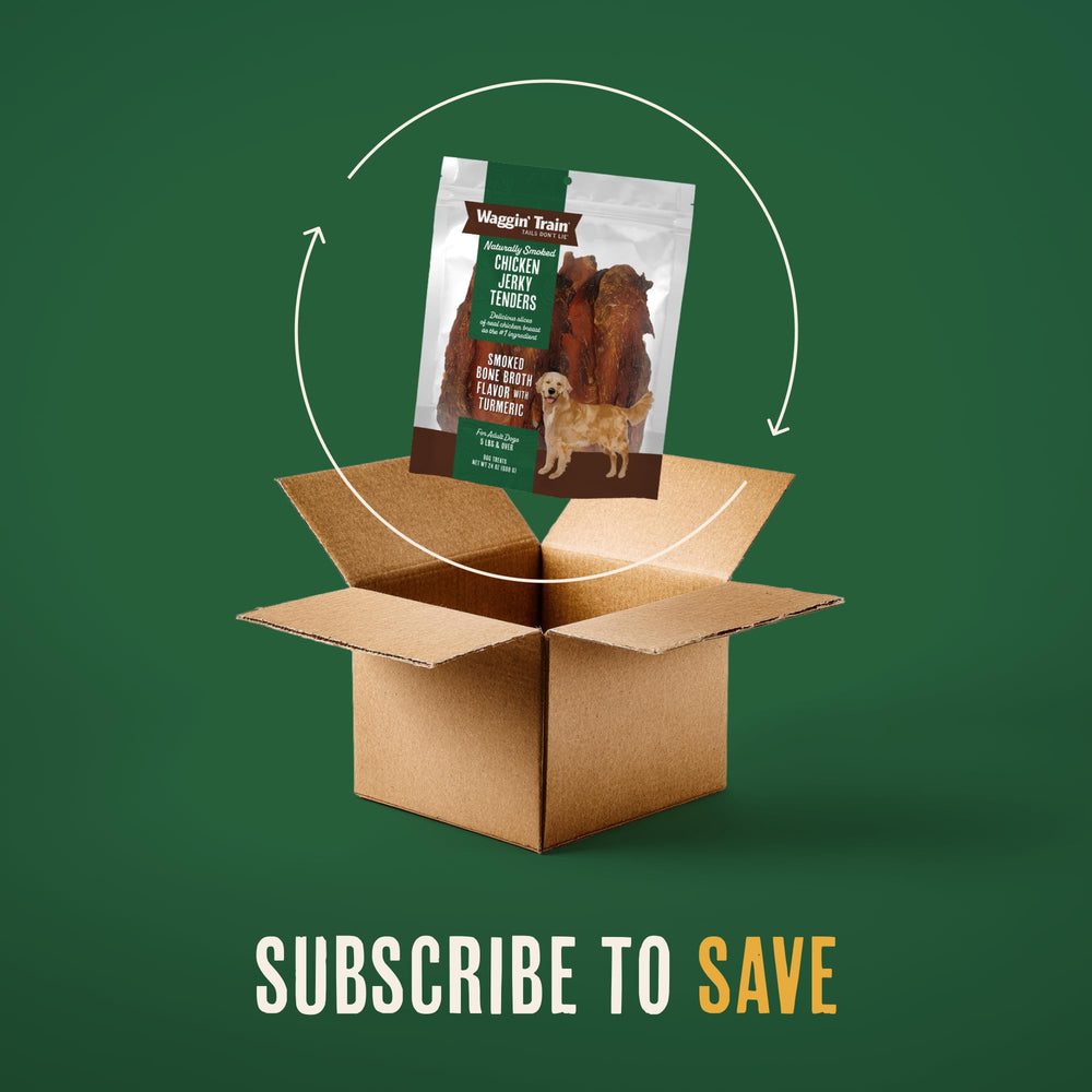 Waggin' Train grain-free jerky; high-protein snack for active dogs.