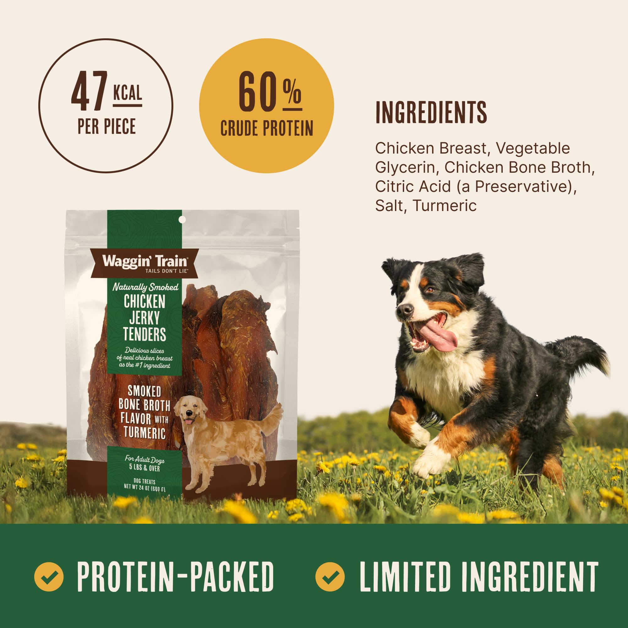 Waggin' Train bone broth close-up; human-grade nutrition for dogs with natural collagen.