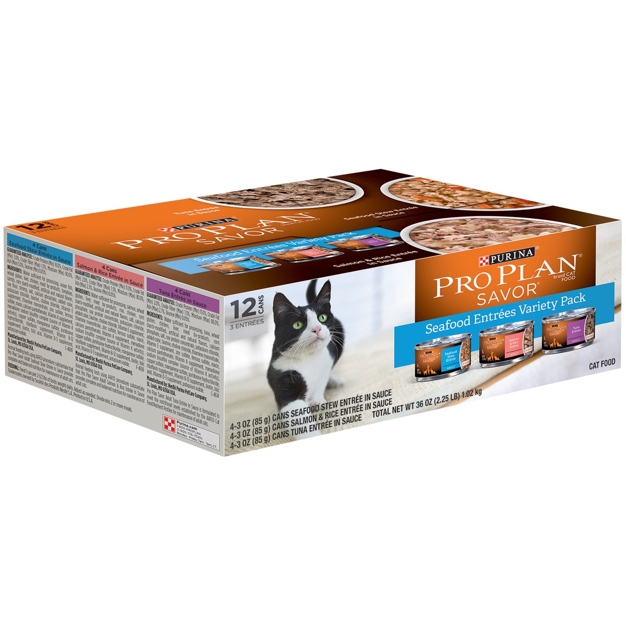 Waggin' Train Purina seafood entrees variety pack close-up of meal components and textures.