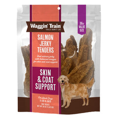 Waggin' Train salmon jerky tenders bag, high-protein dog snack.