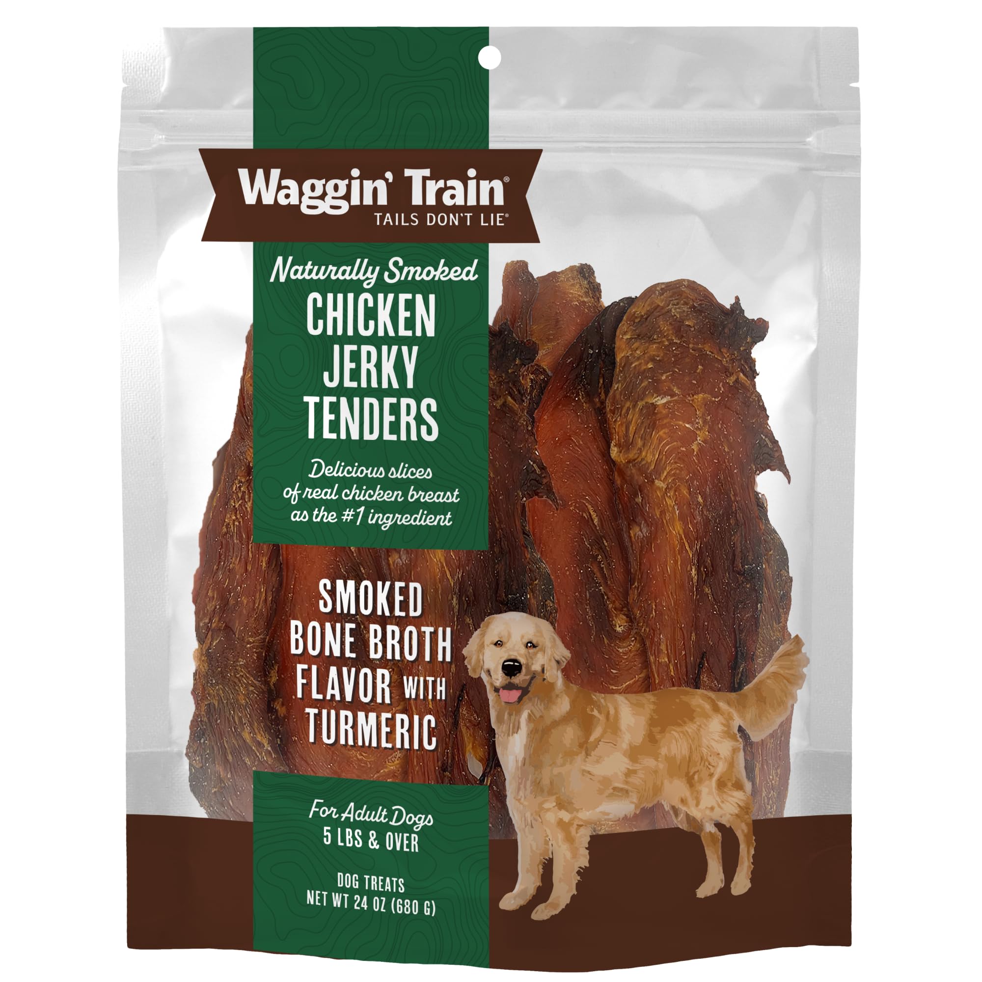Waggin' Train smoked chicken jerky tenders in a bag; a tasty high-protein dog treat.