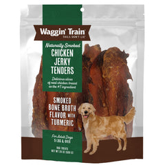 Waggin' Train smoked chicken jerky tenders in a bag; a tasty high-protein dog treat.