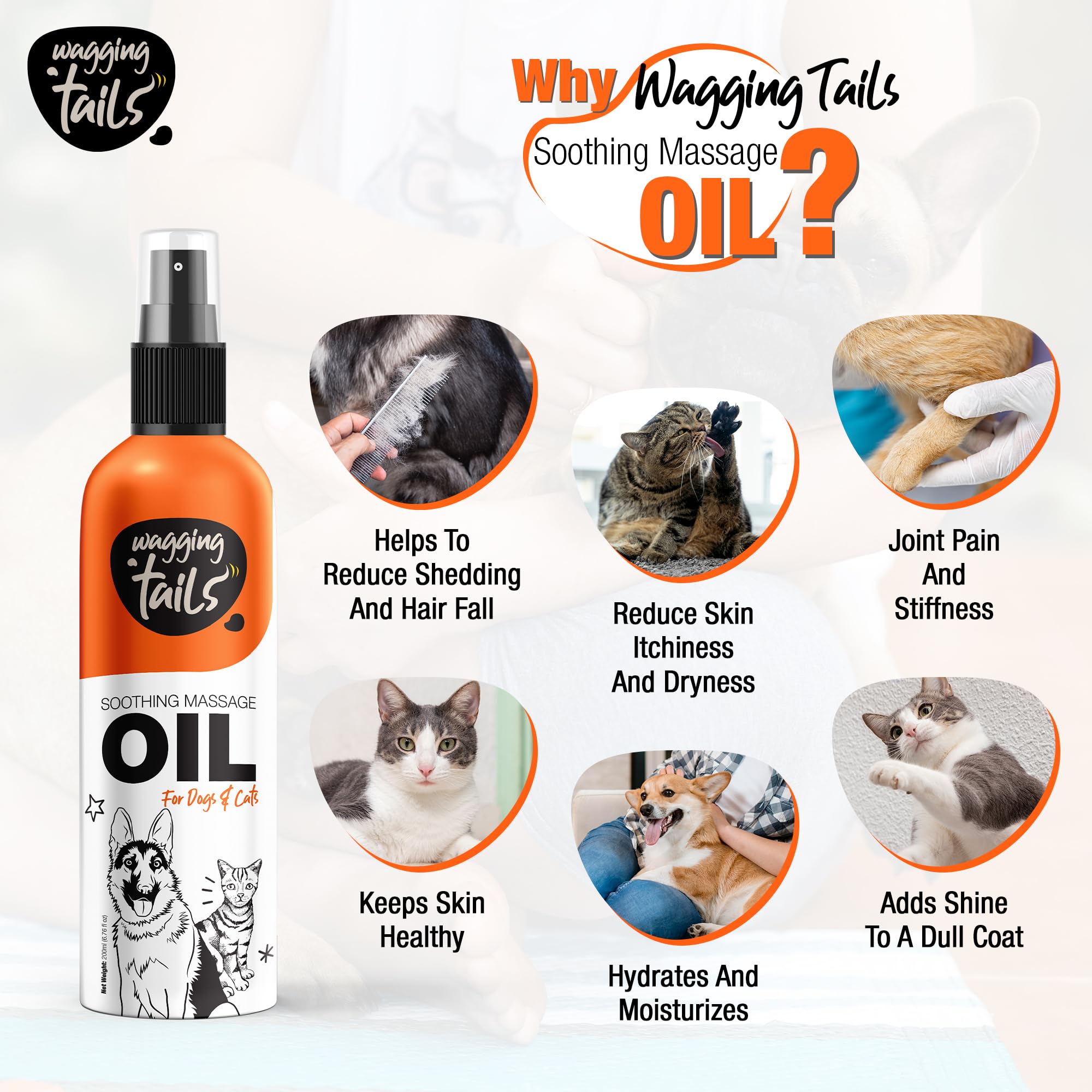 Wagging Tails 6-in-1 soothing oil packaging suitable for multi-pet households
