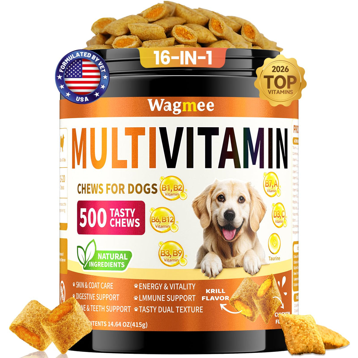 Wagmee 16-in-1 dog vitamins bottle supports daily canine wellness.