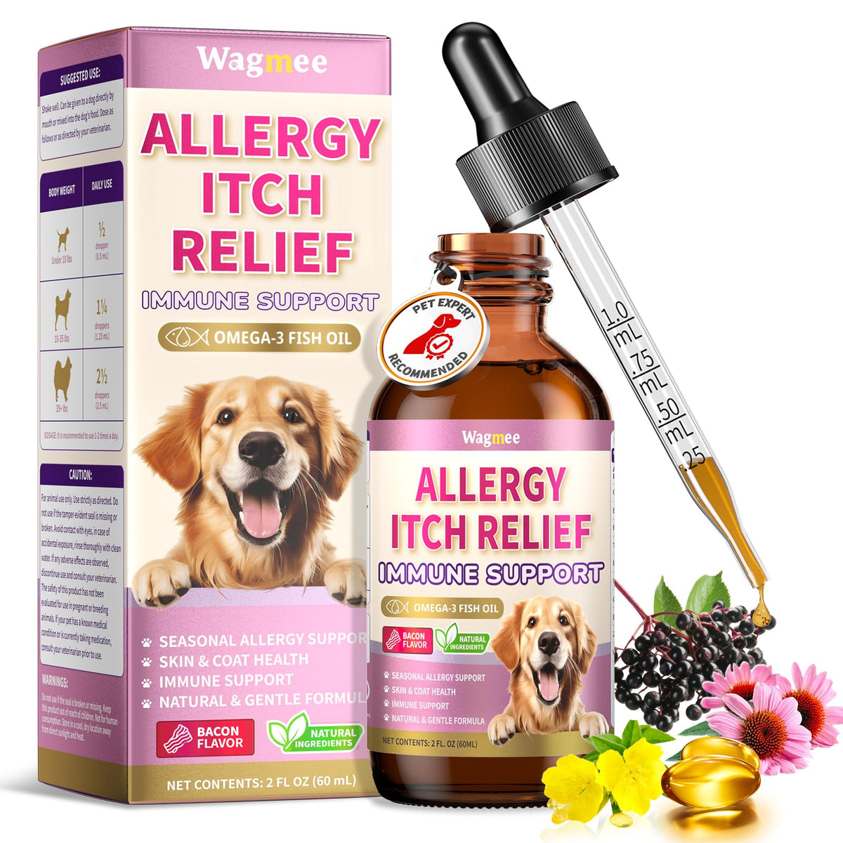 Wagmee Allergy Relief Drops bottle closeup for dogs, supporting skin and coat health.