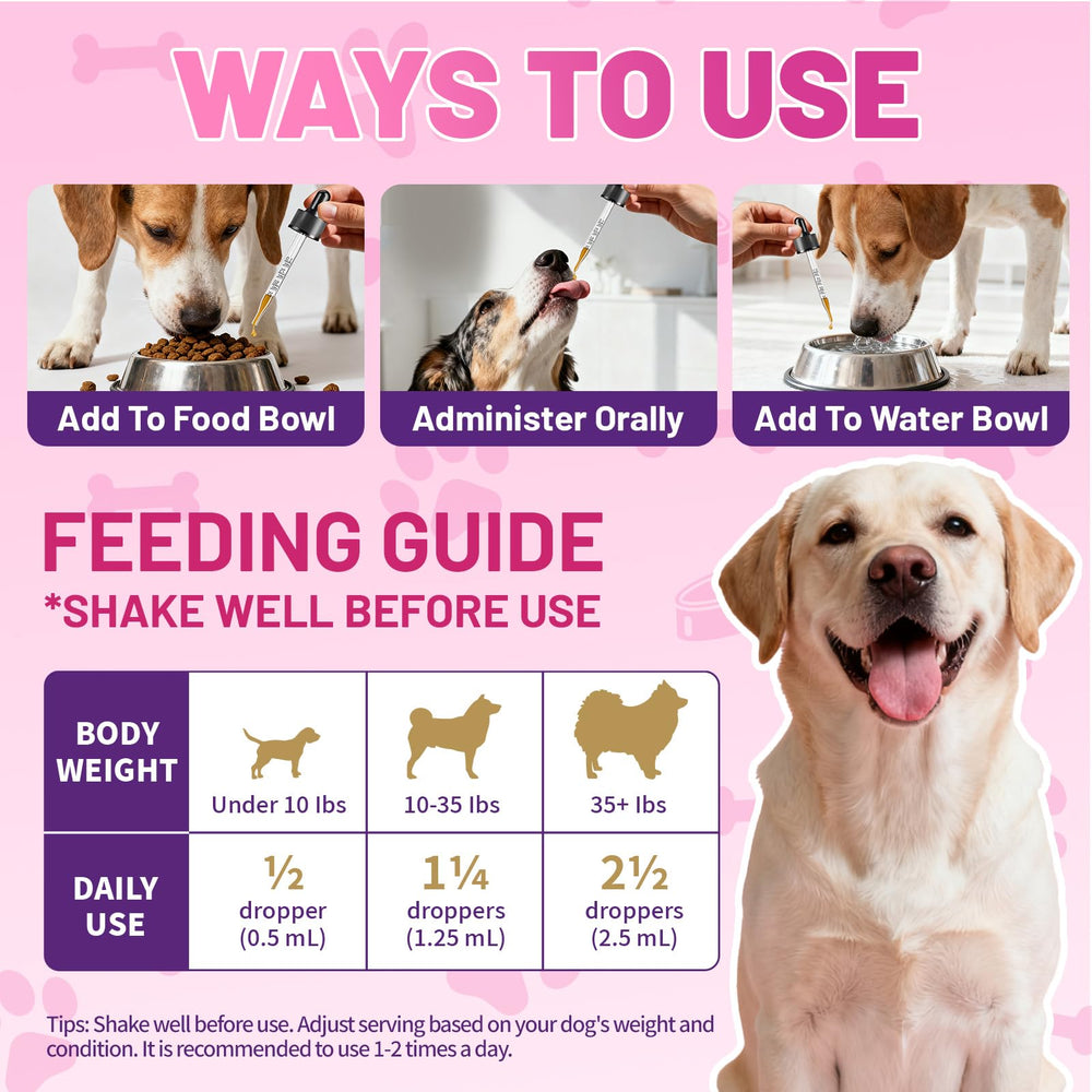 Wagmee natural ingredients highlighted in allergy drops for dogs, with omega-3 and turmeric.