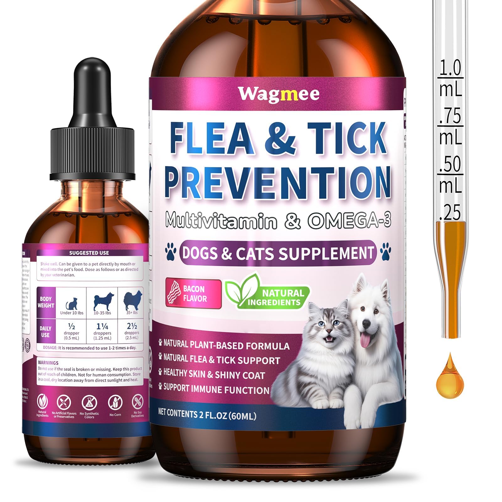 Wagmee bacon-flavored flea drops bottle for dogs and cats