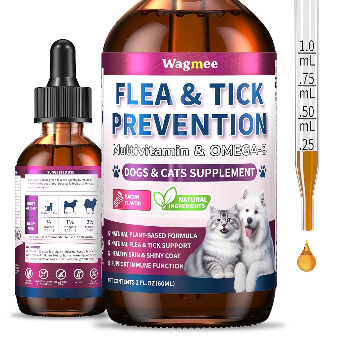 Wagmee bacon-flavored flea drops bottle for dogs and cats