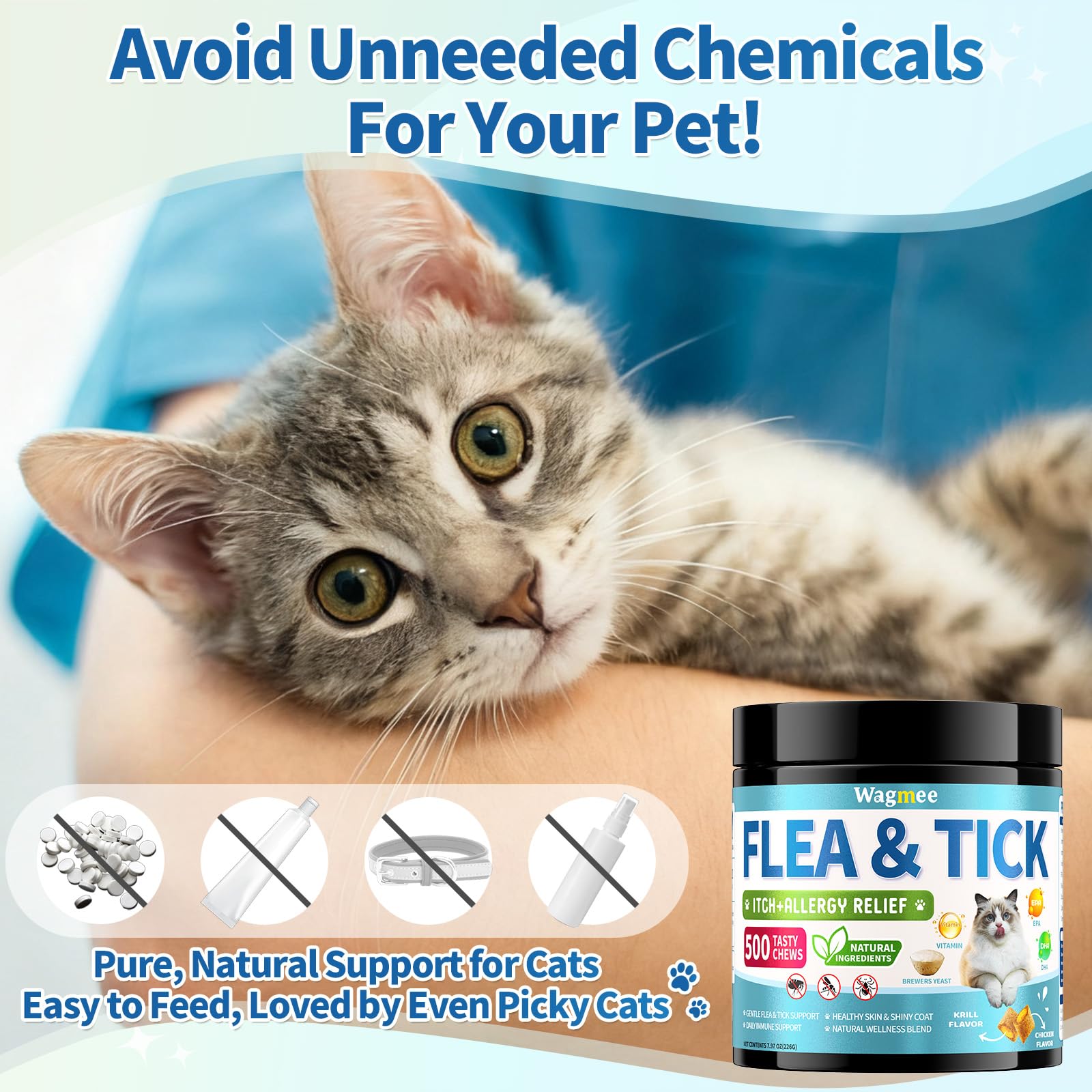 Wagmee bottle shown with chews for a convenient flea prevention routine