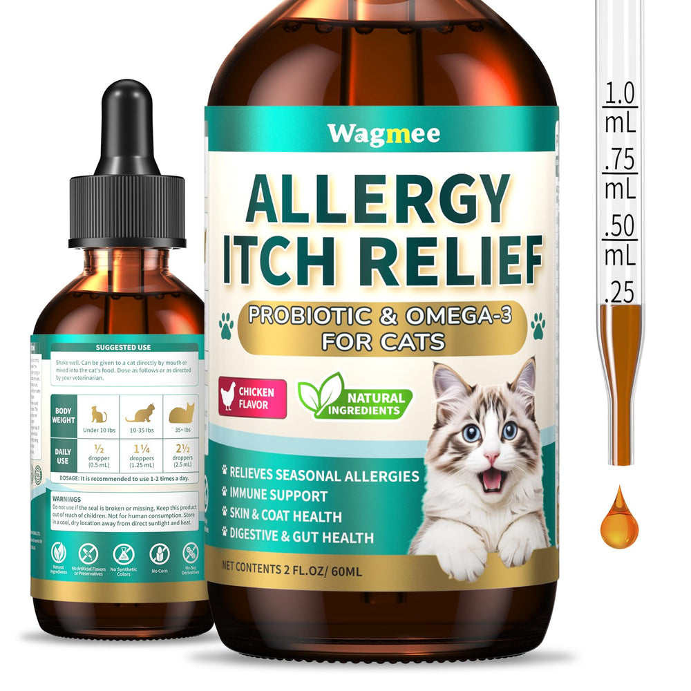 Wagmee cat allergy drops bottle shown for skin support and comfort.