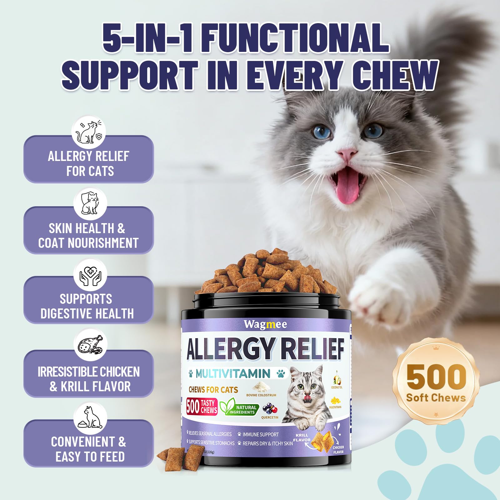 Wagmee cat allergy relief chews chicken-krill flavor enhances taste while supporting overall wellbeing