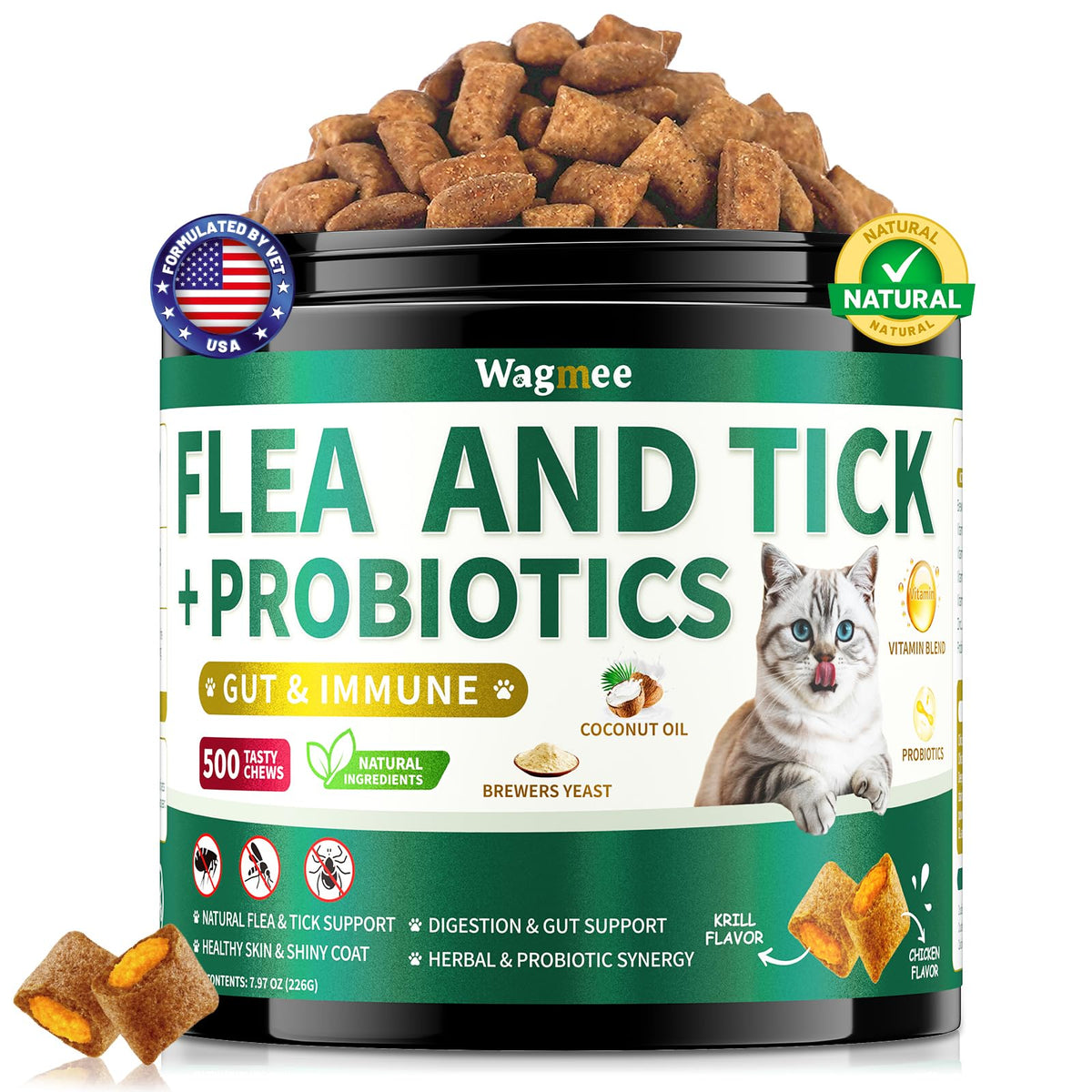 Wagmee Cat Flea Chews dual-layer taste enhances palatability and daily protection