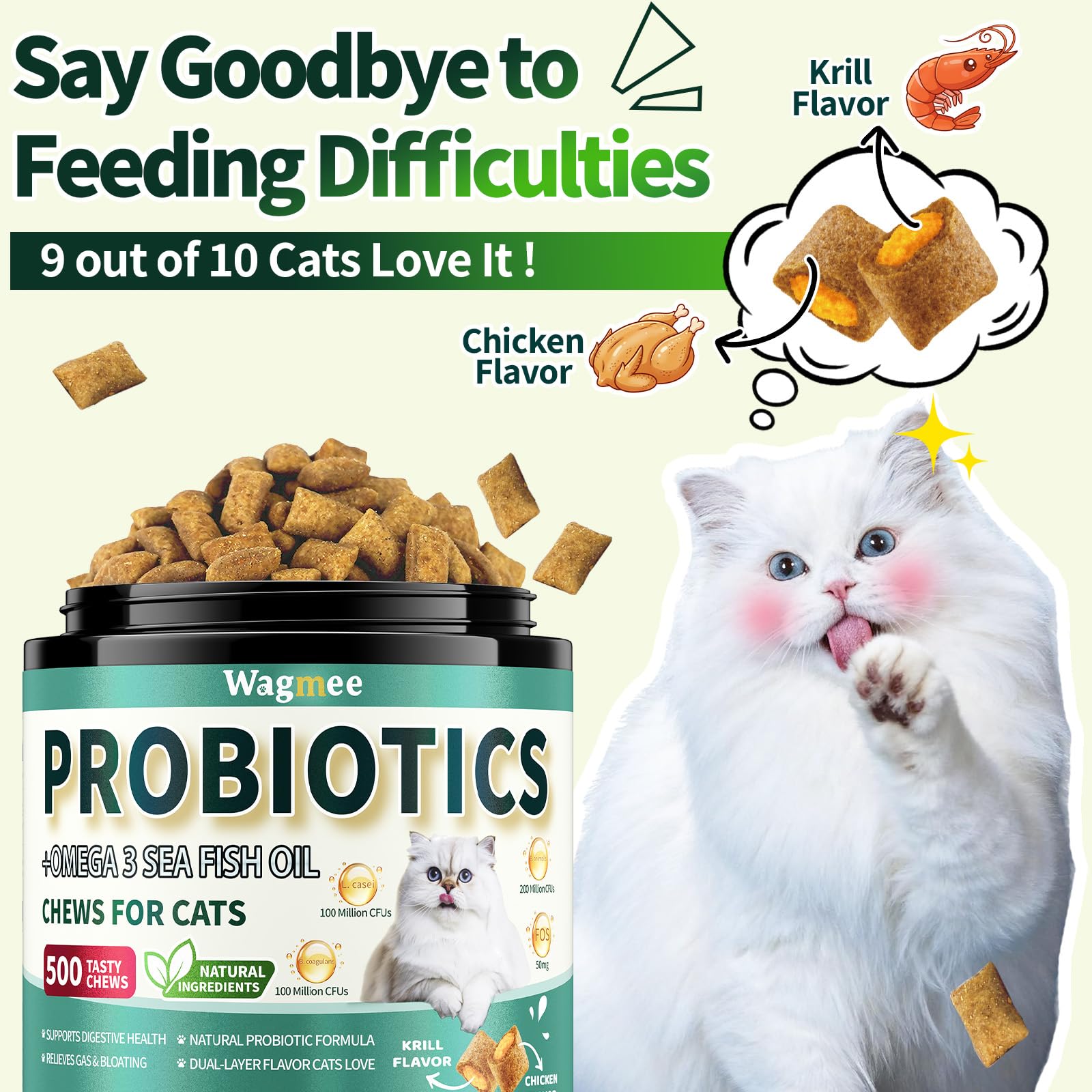 Wagmee Cat Probiotics Tasty Chews closeup texture showcases crunchy exterior and creamy center for picky eaters.