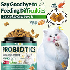 Wagmee Cat Probiotics Tasty Chews closeup texture showcases crunchy exterior and creamy center for picky eaters.