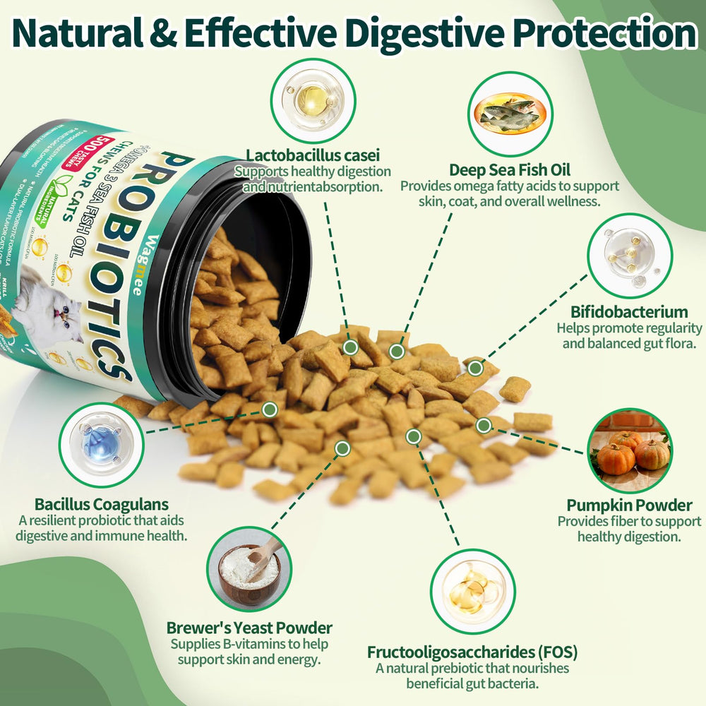 Wagmee Cat Probiotics Tasty Chews probiotic blend supports gut balance.