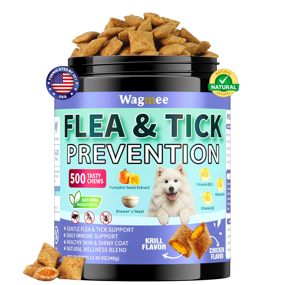 Wagmee dog flea tick chews bottle closeup for easy dosing