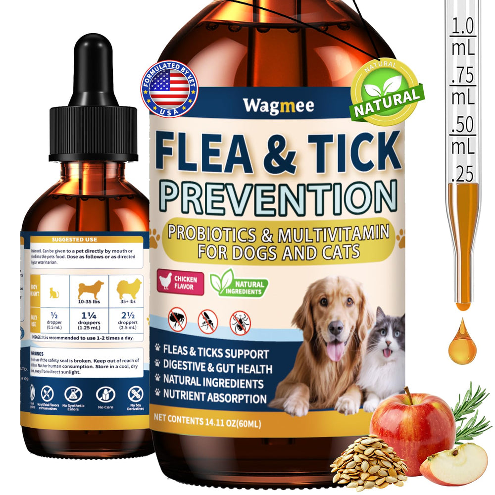 Wagmee flea drops bottle being poured to support skin and coat.