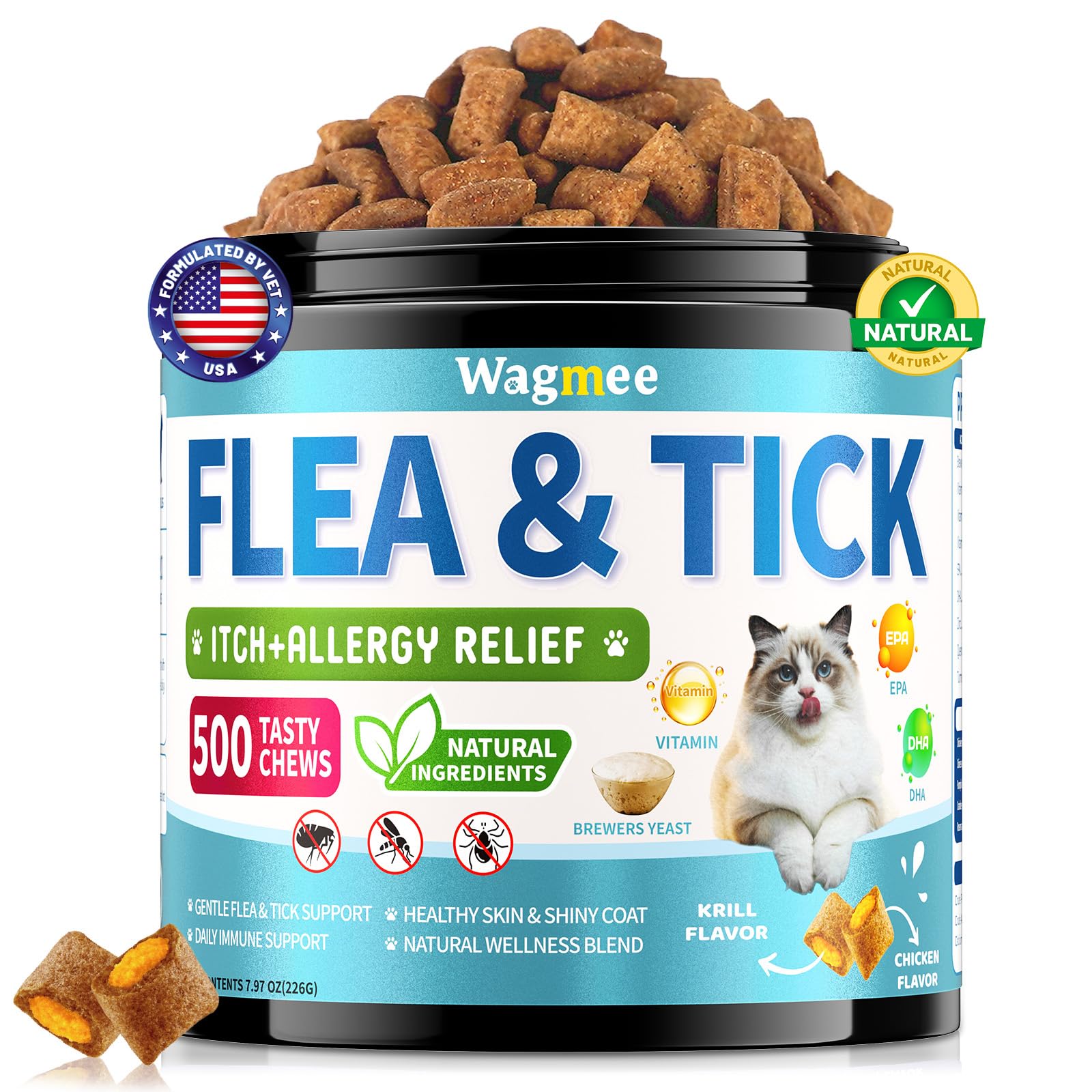 Wagmee natural cat flea chews pack supports daily skin and coat health