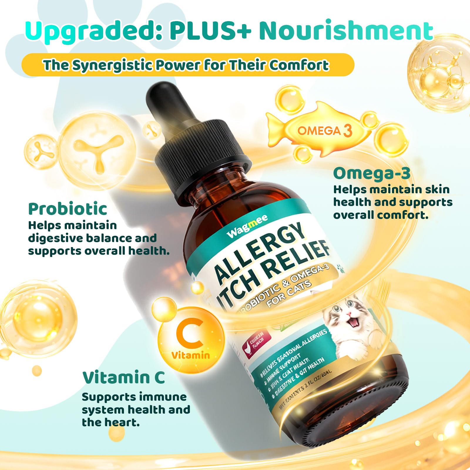 Wagmee omega-3 probiotic cat bottle promotes gut and coat health.