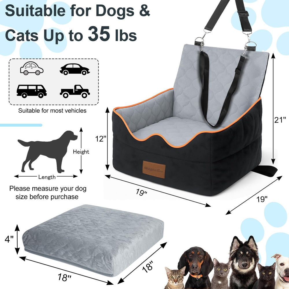 Wagnation dog car seat fits small and medium dogs up to 35 pounds.
