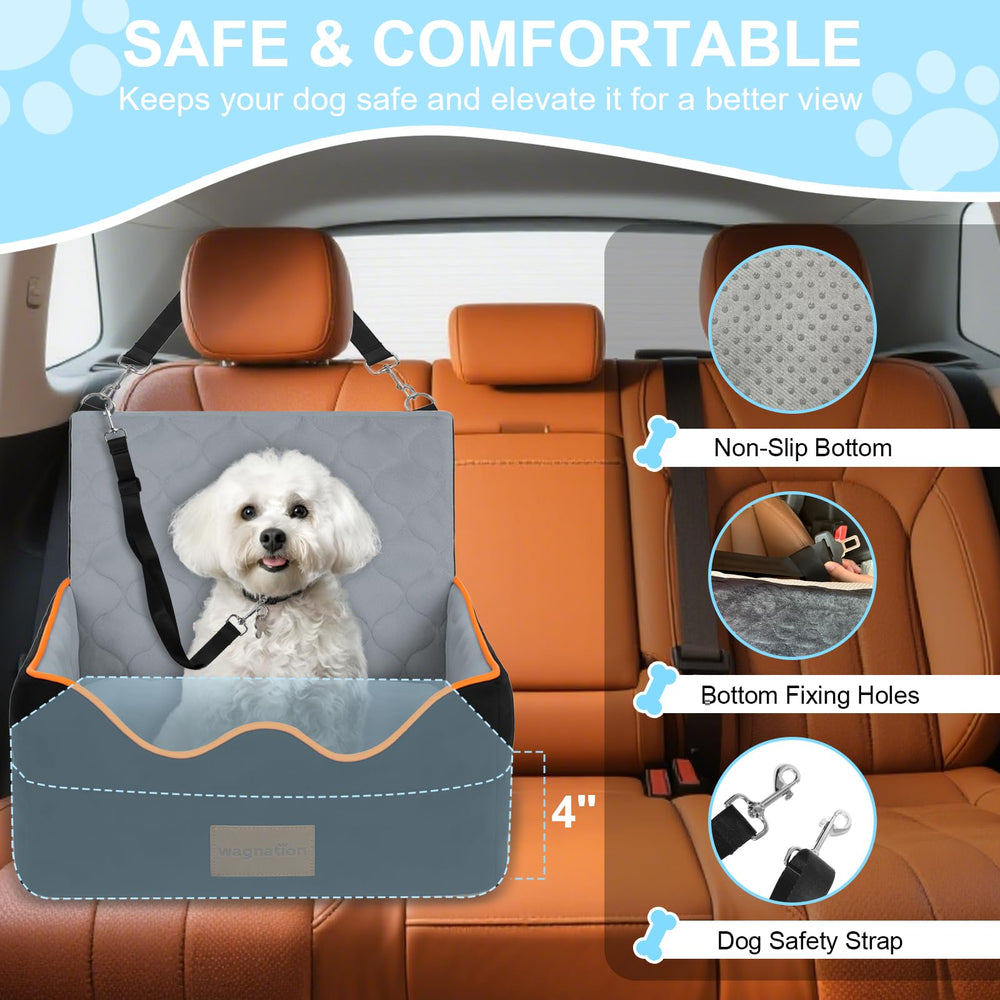Wagnation dog car seat secured with belt and headrest strap for added safety.