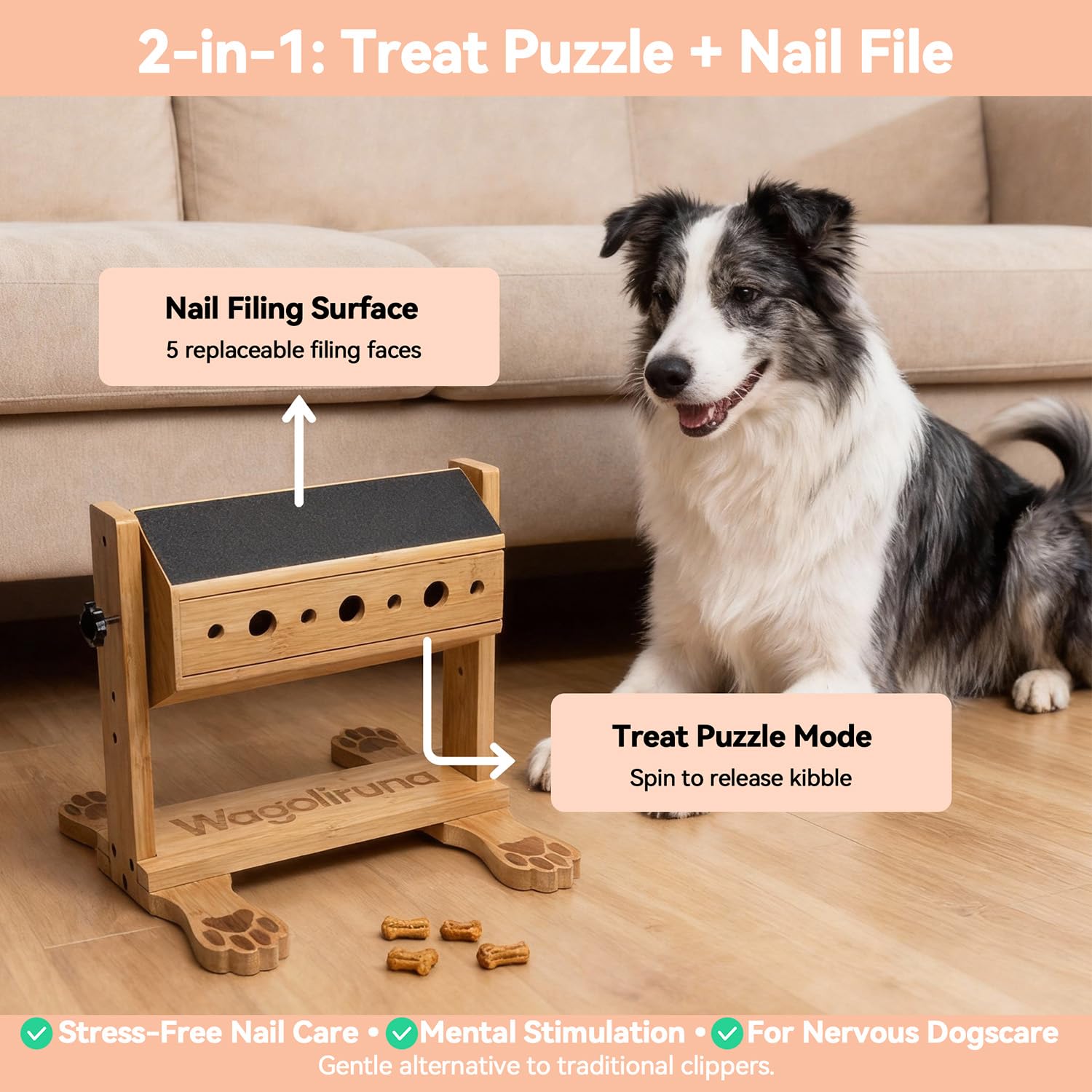 Wagoliruna Nail File Toy side view—adjustable height fits small to large dogs.