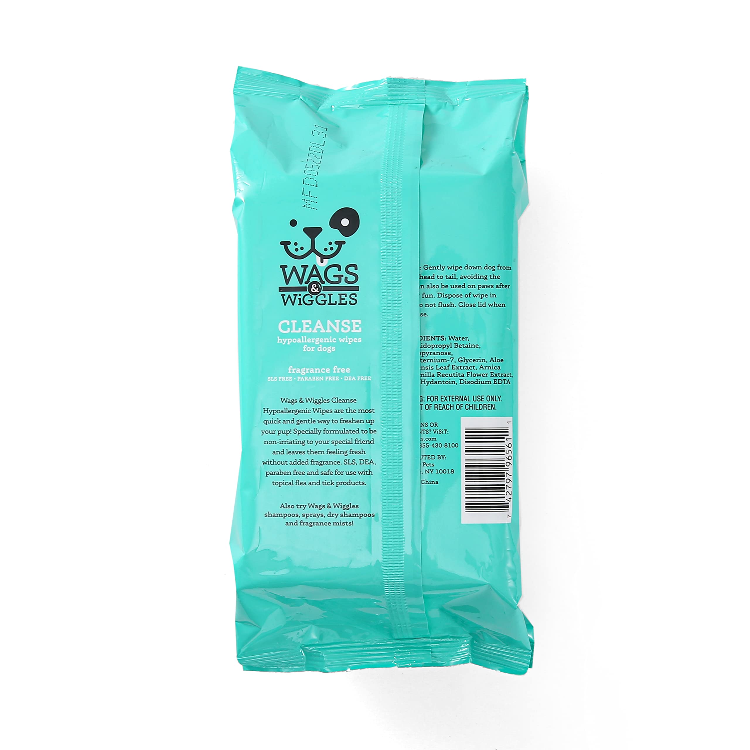 Wags & Wiggles travel pack wipes; resealable pouch keeps moisture for on-the-go cleaning.