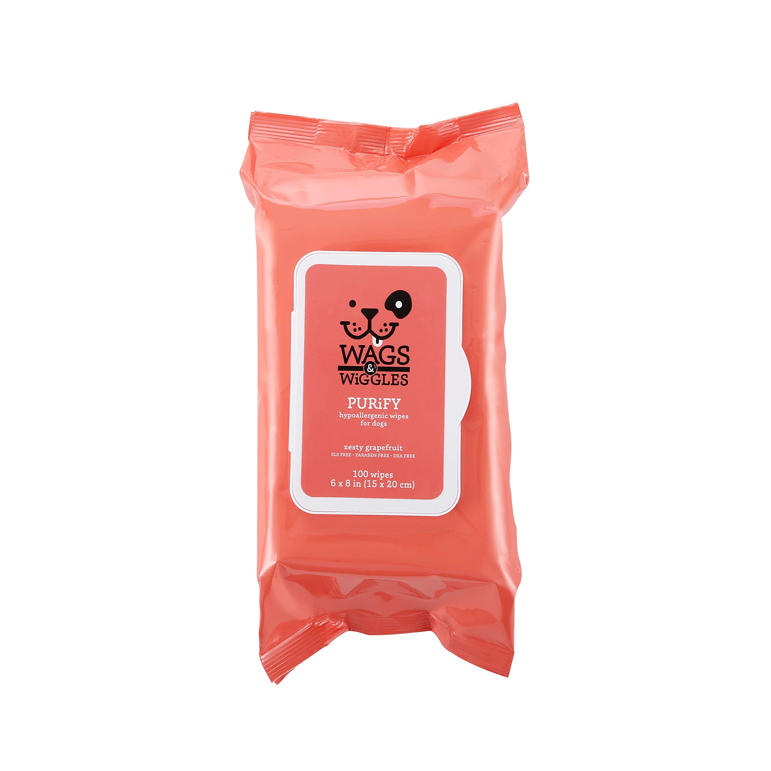 Wags & Wiggles Purify wipes come in a 100 count pack for daily grooming.