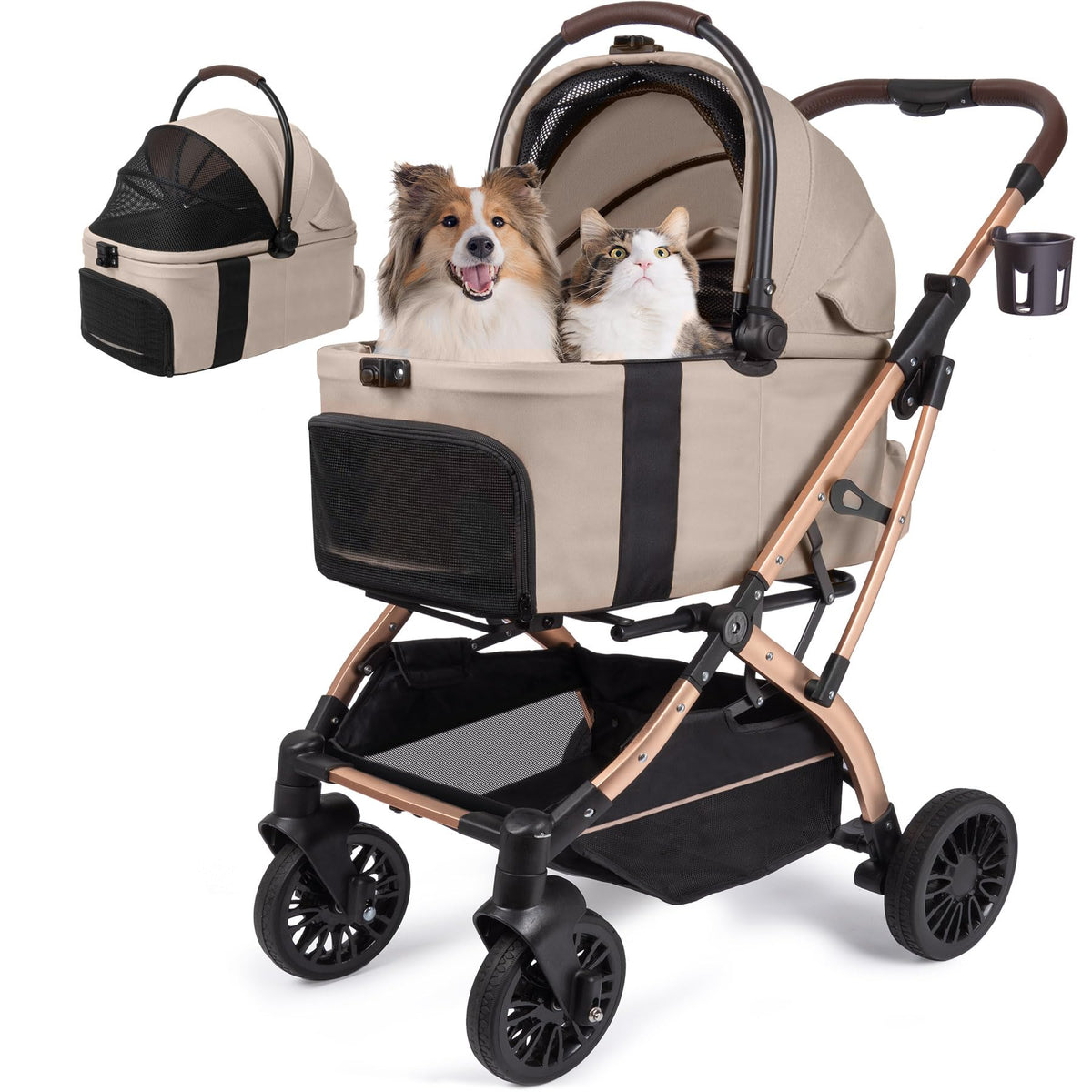 WagvyGo small-dog-stroller folded with carrier attached for fast storage