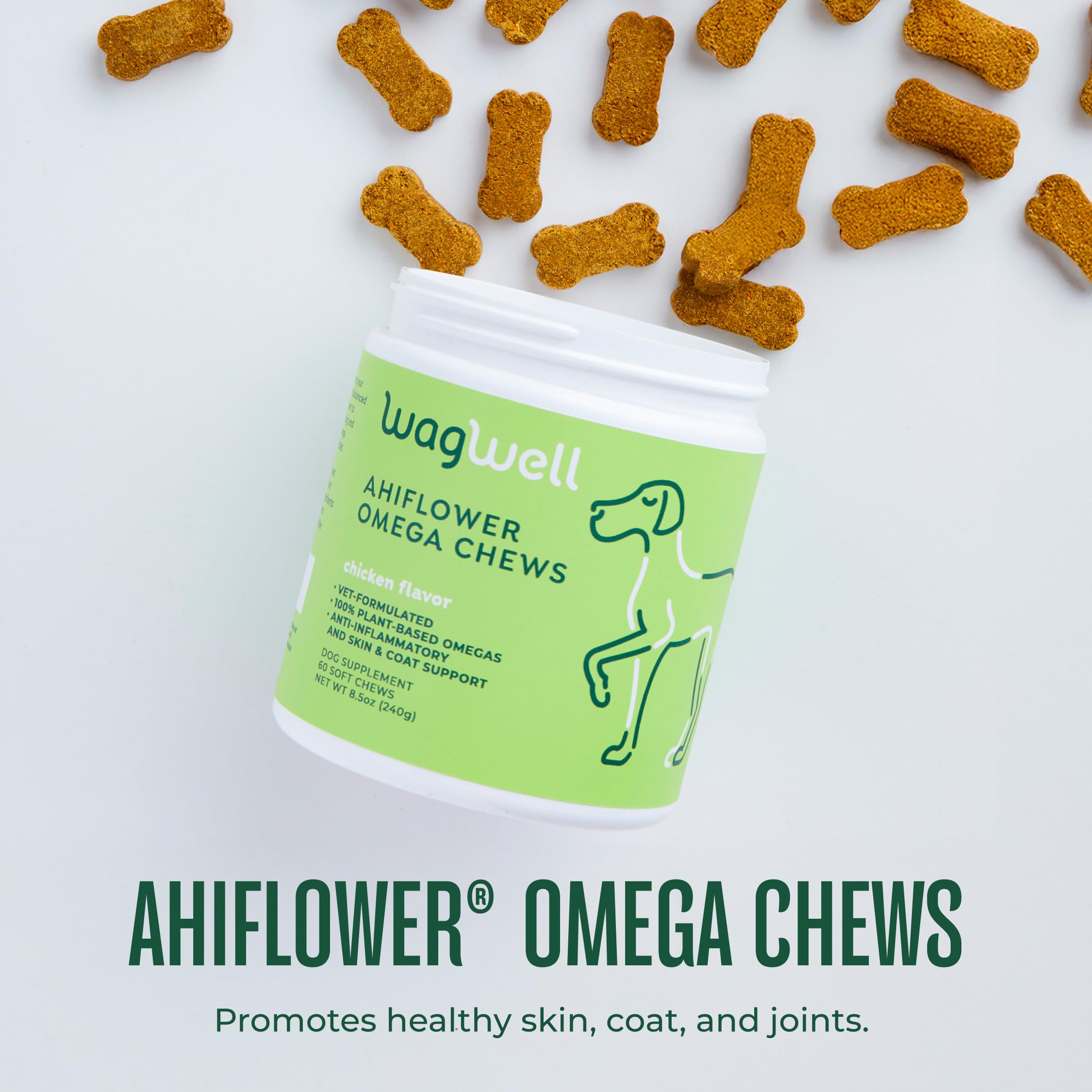 WagWell Ahiflower Omega Chews ingredients label highlights plant based omegas for dogs.